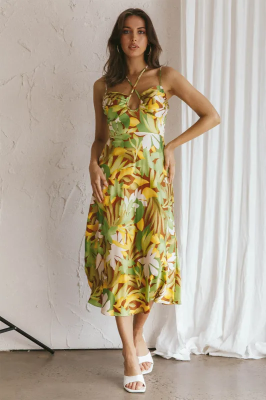 Emmalie Satin Midi Dress Floral Green sold by Selfie Leslie