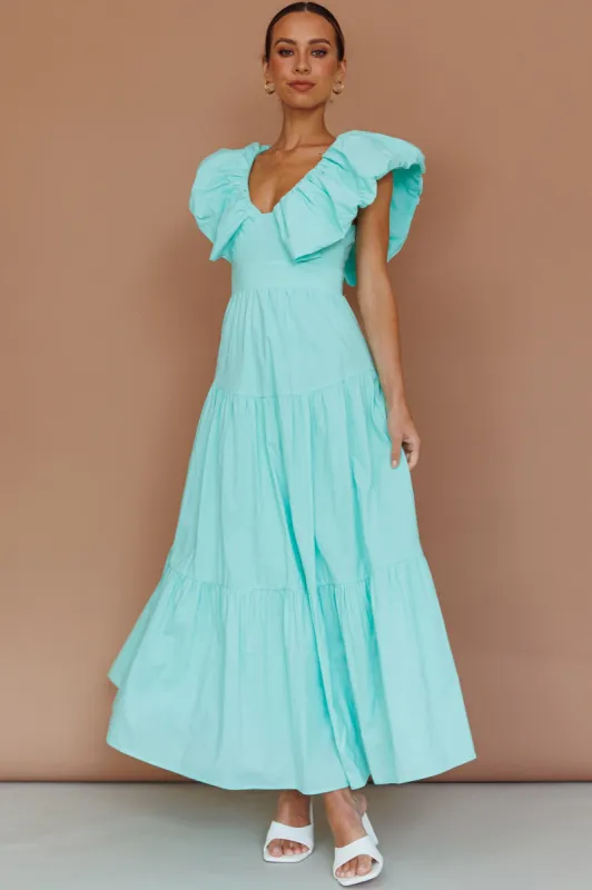 Kahlo Puffed Ruffle Neckline Maxi Dress Mint sold by Selfie Leslie