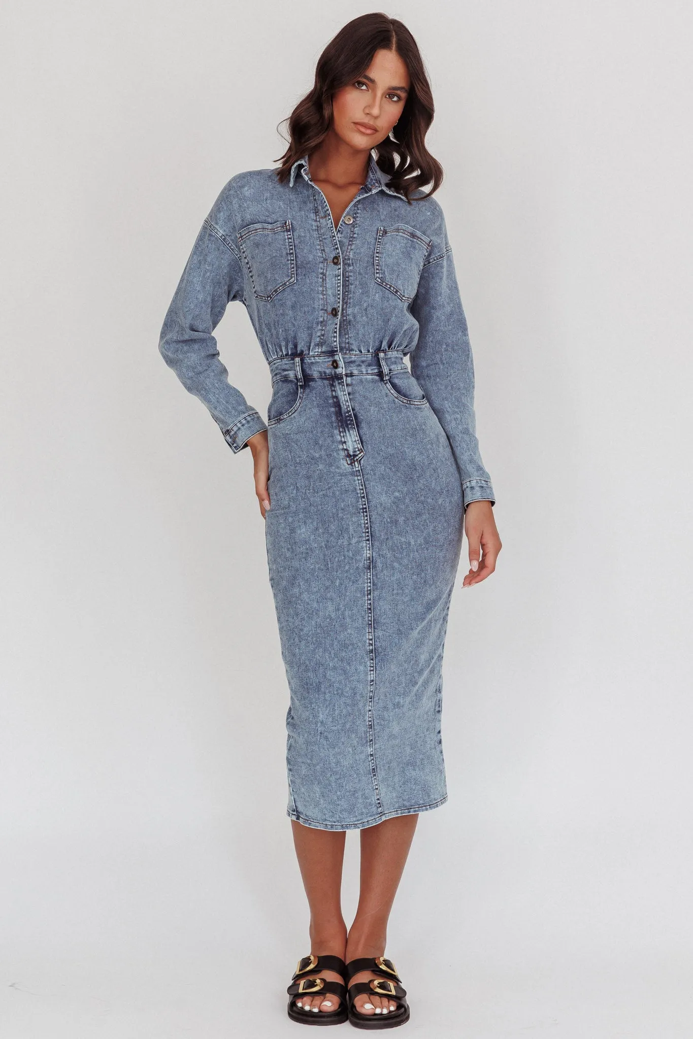 Light Inside Long Sleeve Midi Dress Denim Blue sold by Selfie Leslie