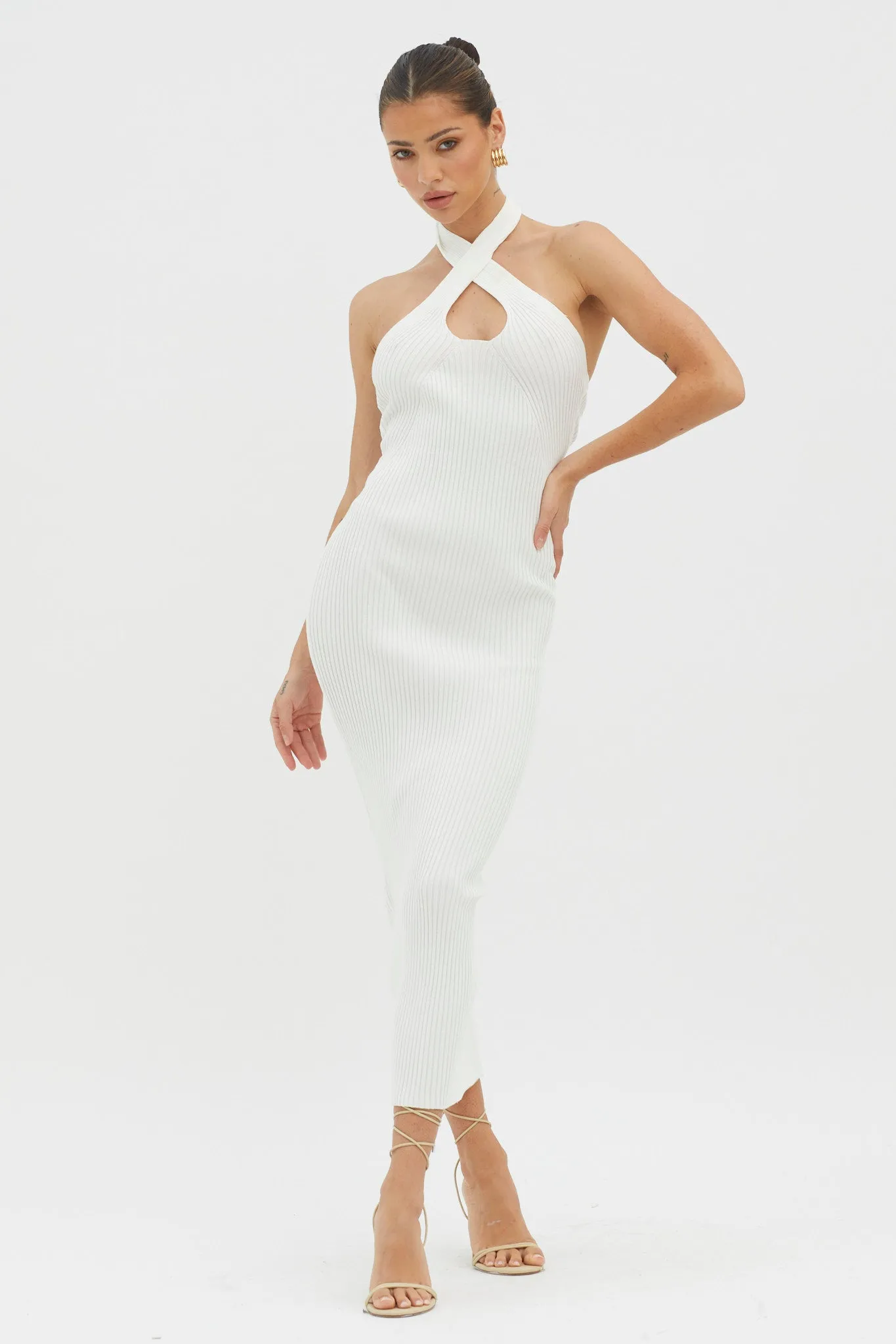 Lovelock Halterneck Ribbed Knit Midi Dress White sold by Selfie Leslie