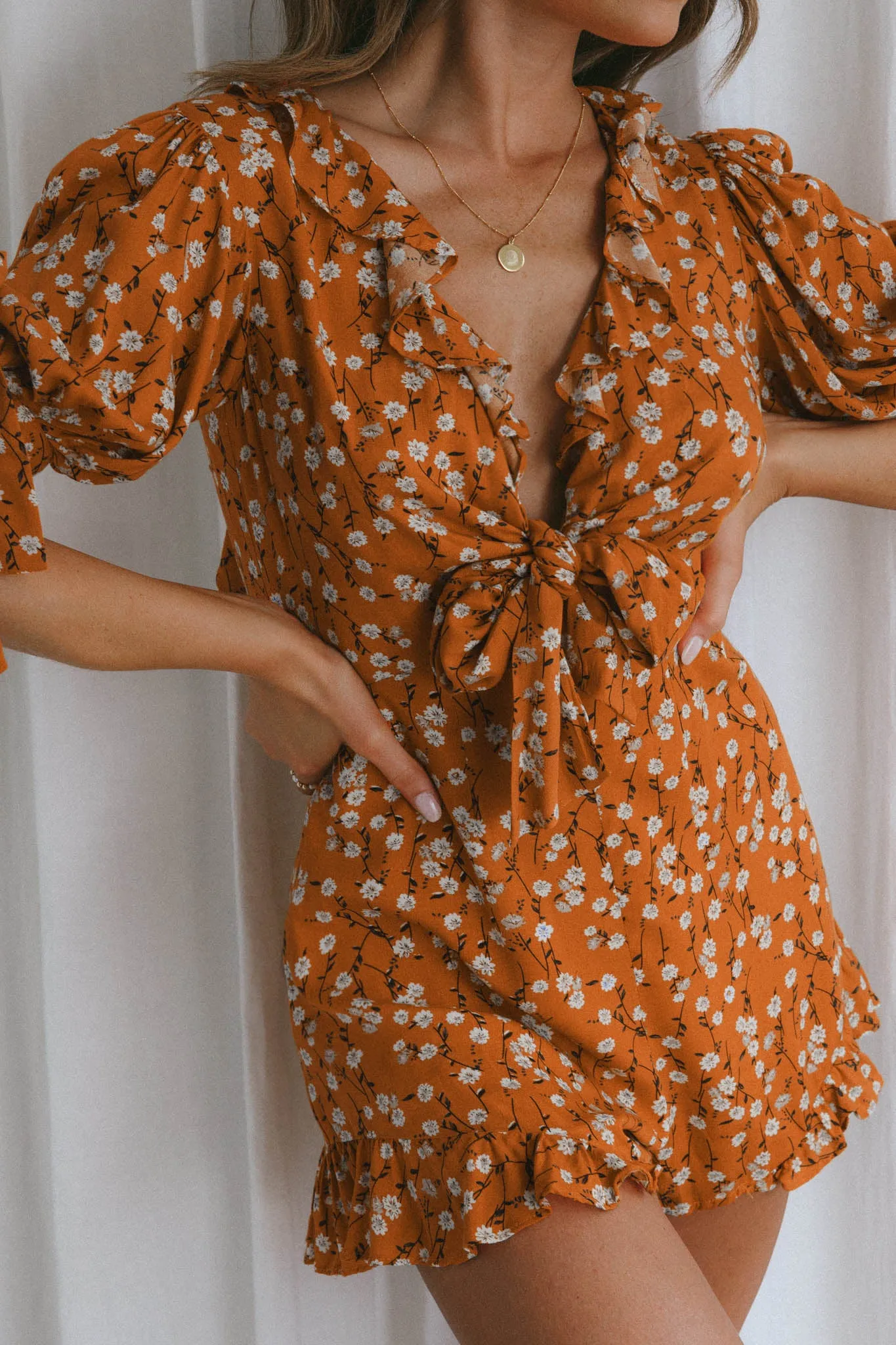 Francine Short Sleeve Tied Bust Romper Floral Orange sold by Selfie Leslie product image thumbnail 4