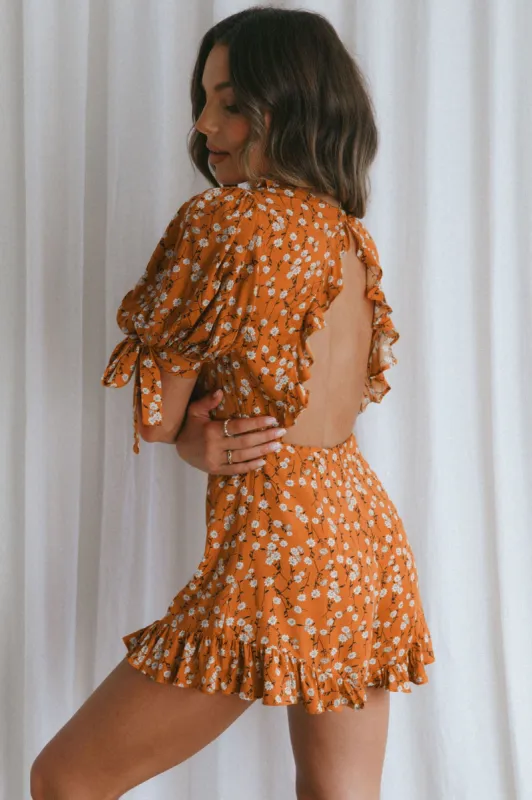 Francine Short Sleeve Tied Bust Romper Floral Orange sold by Selfie Leslie