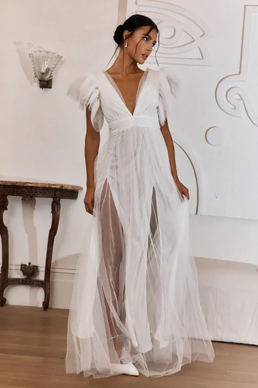 Heaven's Love Deep V-Neck Tulle Maxi Dress White sold by Selfie Leslie