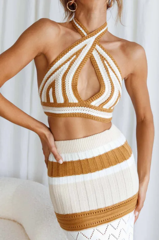 Higher Love Knit Halterneck Crop Top Striped Camel sold by Selfie Leslie