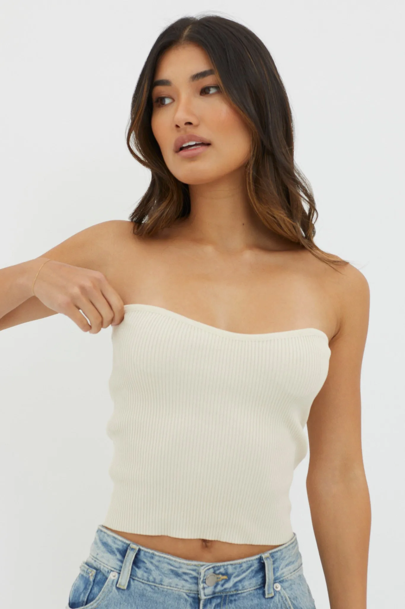 Flora Strapless Knit Top Cream sold by Selfie Leslie product image thumbnail 5