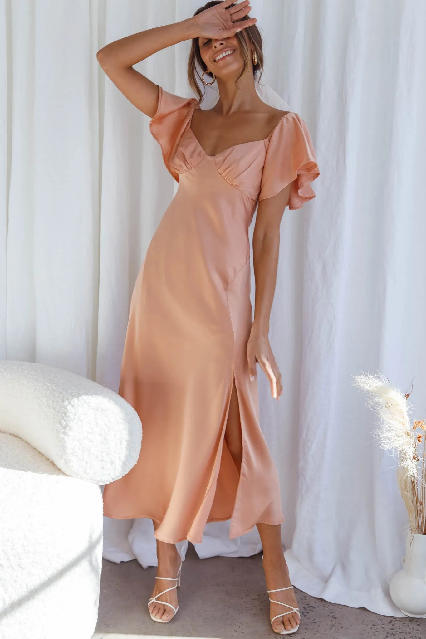 Park Avenue Flutter Sleeve Side Split Midi Dress Apricot sold by Selfie Leslie product image thumbnail 3