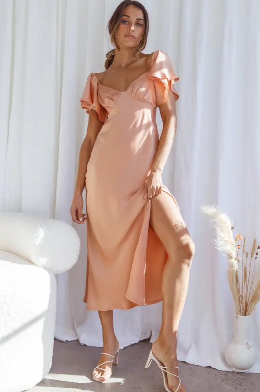 Park Avenue Flutter Sleeve Side Split Midi Dress Apricot sold by Selfie Leslie