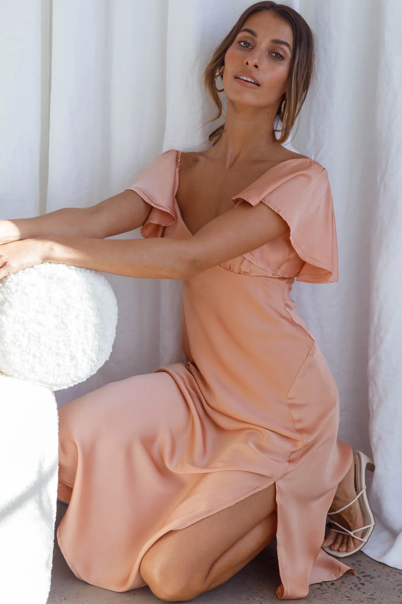 Park Avenue Flutter Sleeve Side Split Midi Dress Apricot sold by Selfie Leslie product image thumbnail 5