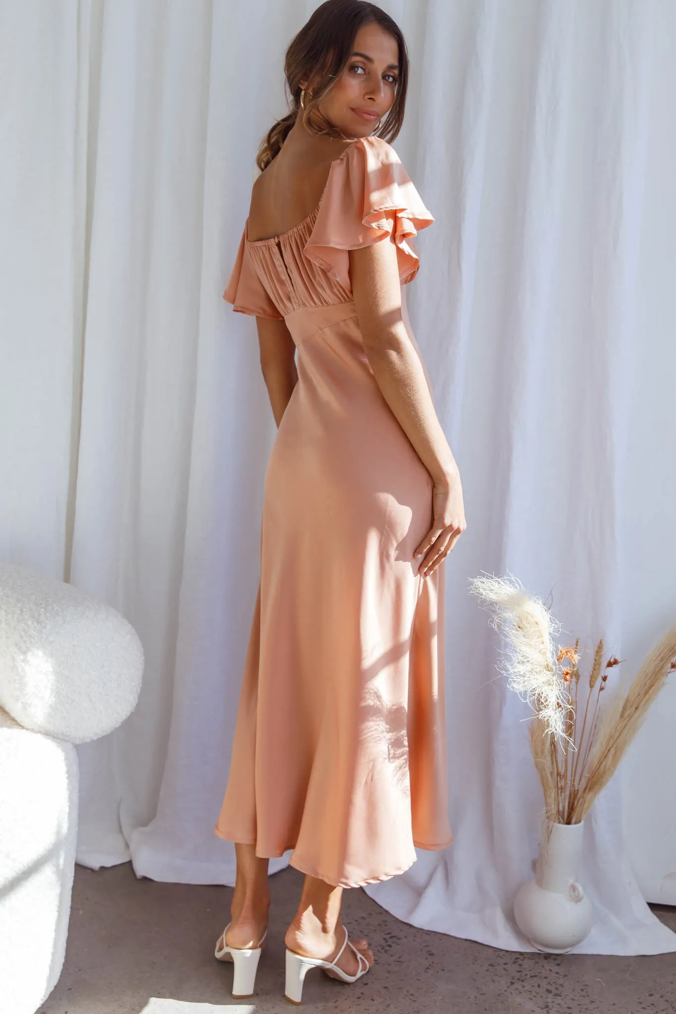 Park Avenue Flutter Sleeve Side Split Midi Dress Apricot sold by Selfie Leslie product image thumbnail 2
