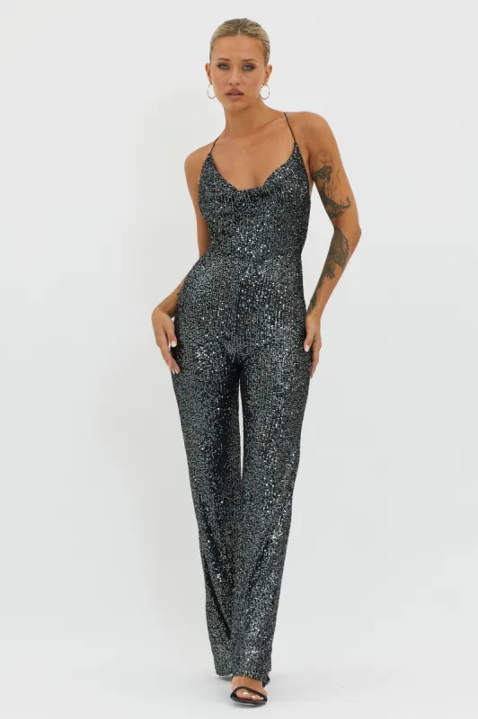 Midnight Kiss Sequin Jumpsuit Gunmetal sold by Selfie Leslie
