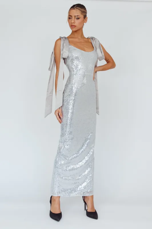Birthday Wish Tied Shoulder Sequin Maxi Dress Silver sold by Selfie Leslie