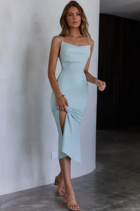 Frieda Cowl Neck Side Split Ribbed Midi Dress Sky Blue sold by Selfie Leslie