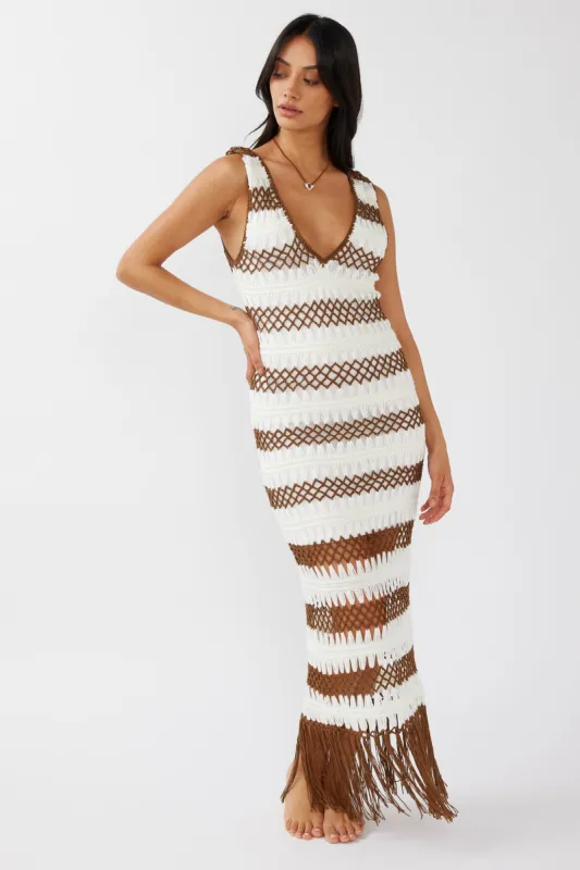 Ximena Tassel Hem Crochet Midi Dress White/Mocha sold by Selfie Leslie