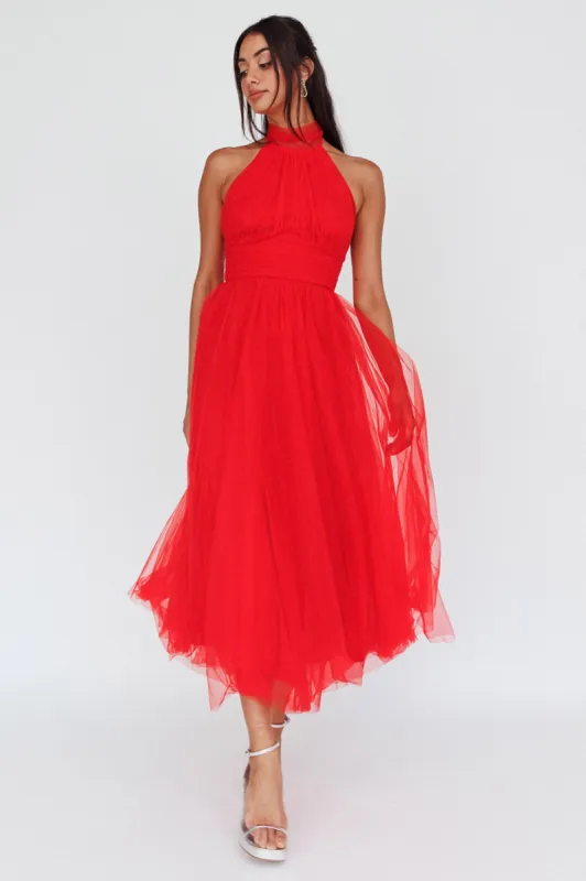 Andria Halterneck Tulle Midi Dress Red sold by Selfie Leslie