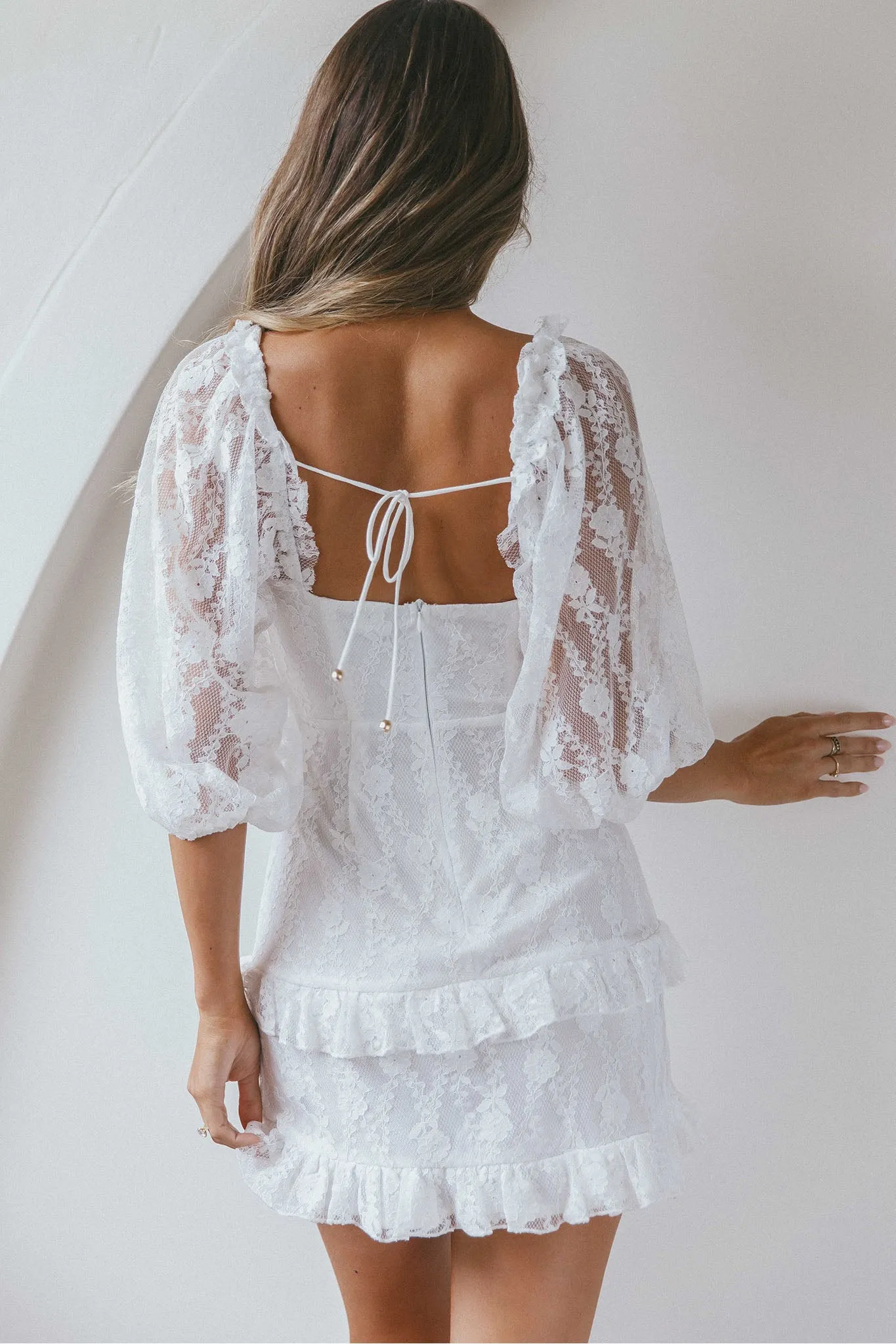 Hemingway Criss-Cross Bust Balloon Sleeve Frill Trim Lace Dress White sold by Selfie Leslie product image thumbnail 3