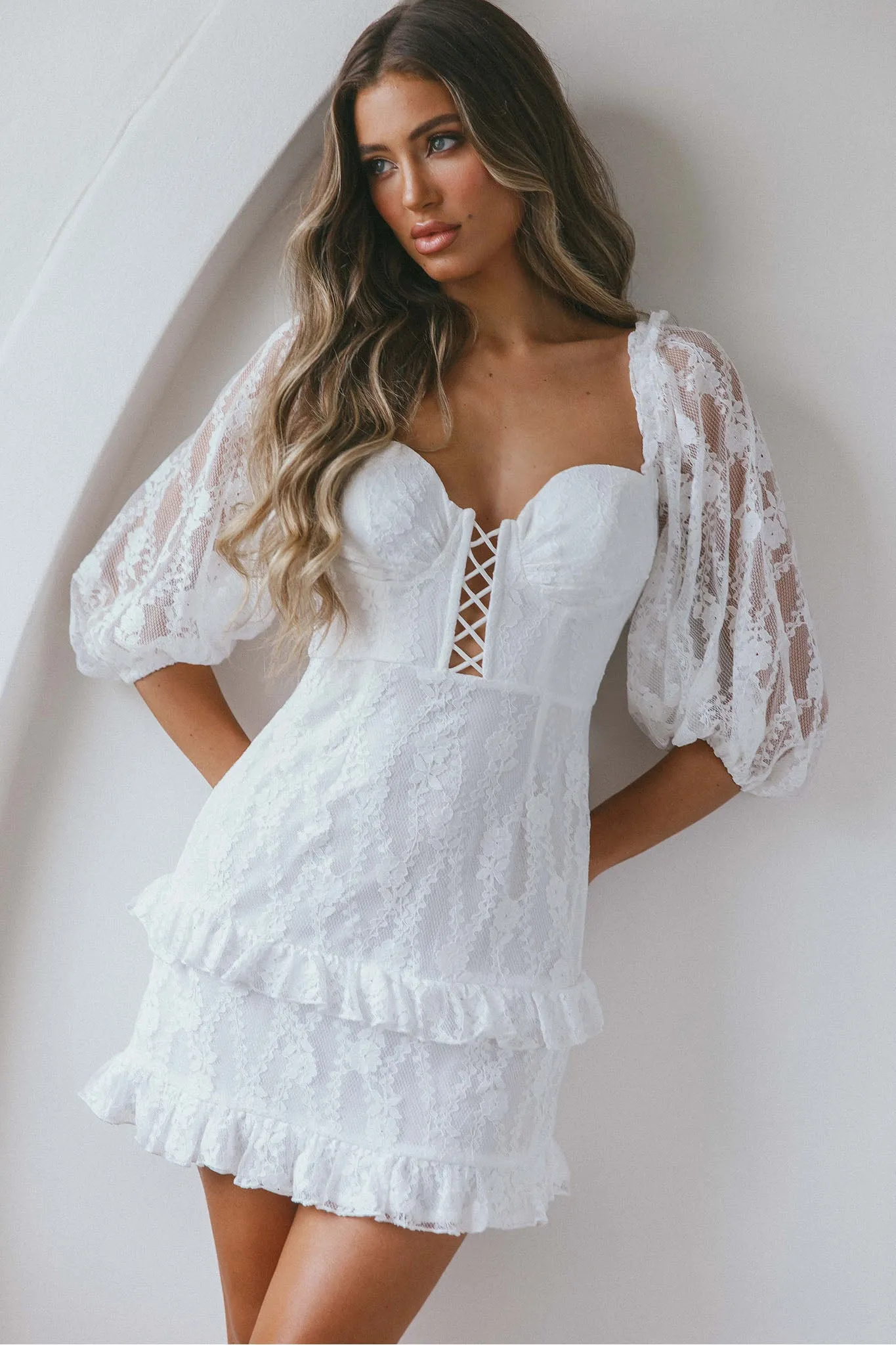 Hemingway Criss-Cross Bust Balloon Sleeve Frill Trim Lace Dress White sold by Selfie Leslie