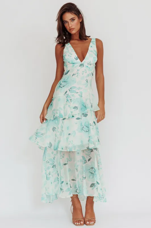 Veda Strappy Back Ruffle Maxi Dress Floral Green sold by Selfie Leslie