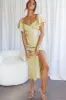 Park Avenue Flutter Sleeve Side Split Midi Dress Matcha sold by Selfie Leslie