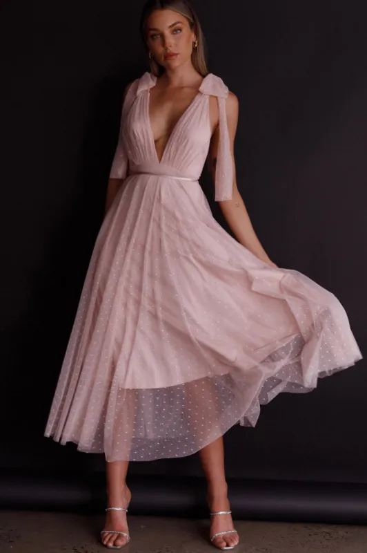 Kathryn Tied Shoulder Mesh Midi Dress Blush sold by Selfie Leslie