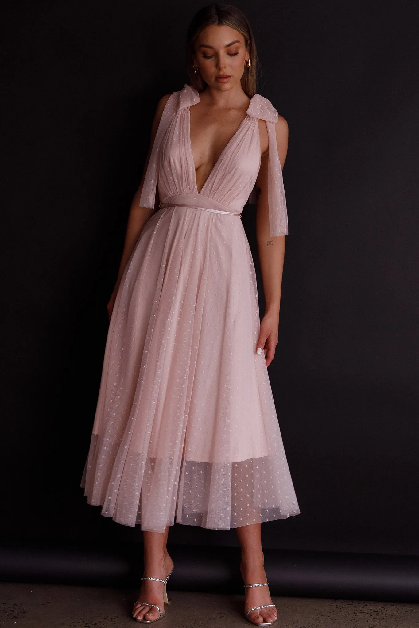 Kathryn Tied Shoulder Mesh Midi Dress Blush sold by Selfie Leslie product image thumbnail 3