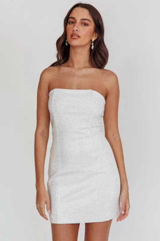 This Feeling Strapless Diamante Mini Dress White sold by Selfie Leslie