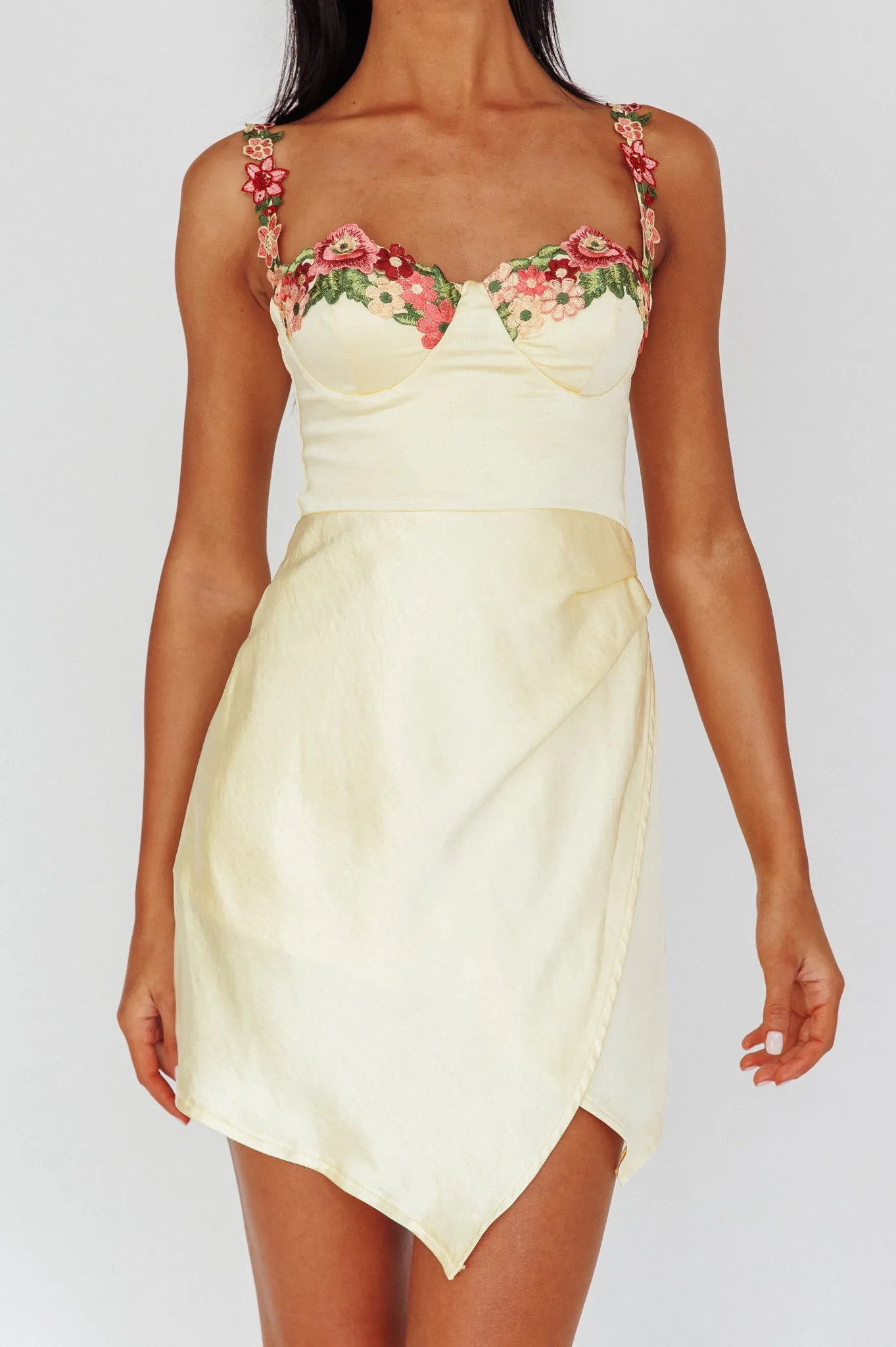 Rose Garden Floral Applique Wrap Mini Dress Lemon sold by Selfie Leslie product image thumbnail 4