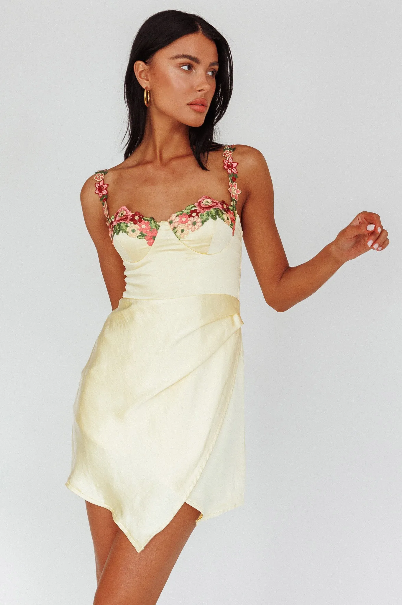 Rose Garden Floral Applique Wrap Mini Dress Lemon sold by Selfie Leslie