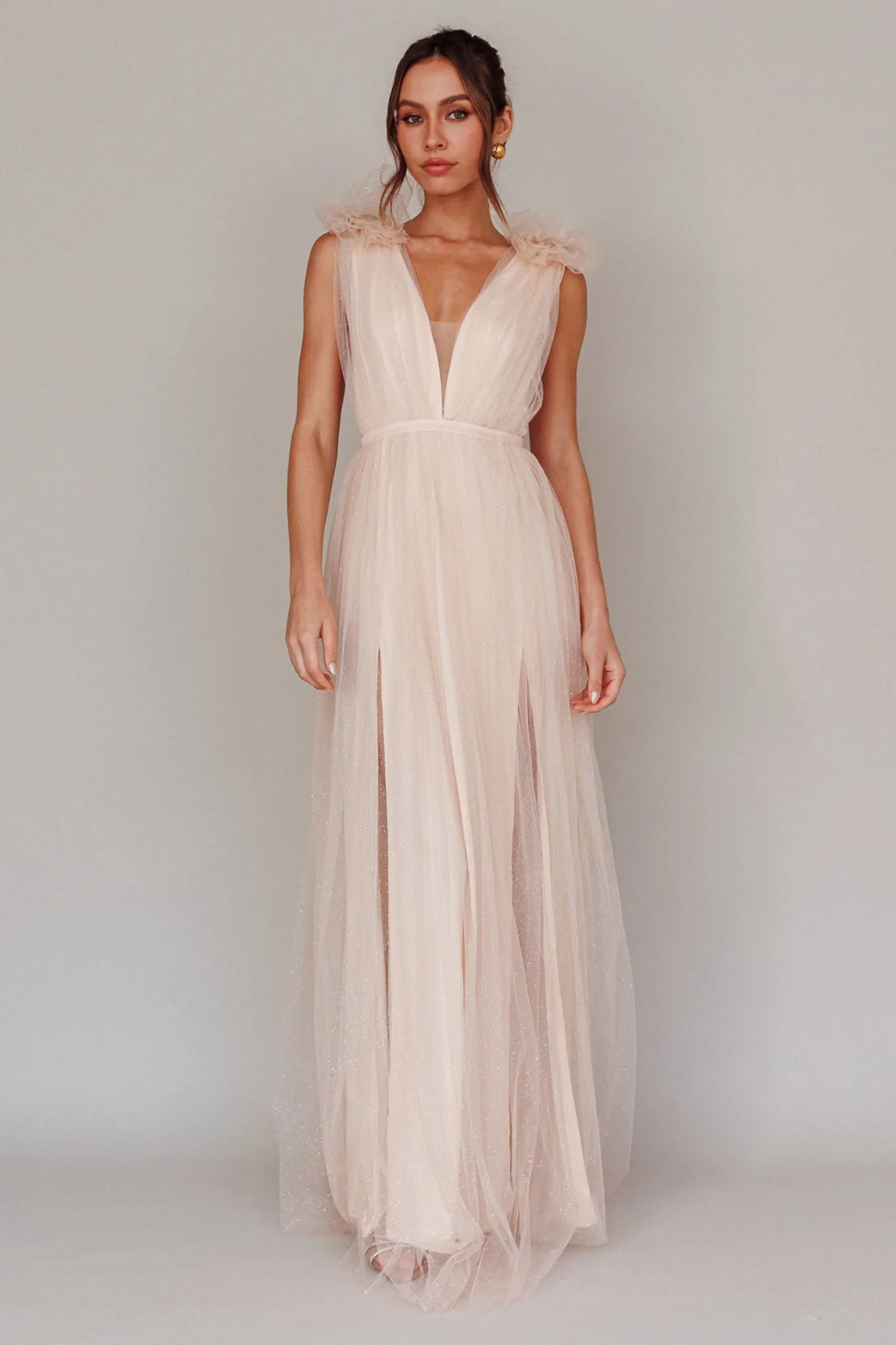 Ludivine Shoulder Accent Mesh Midi Dress Glitter Champagne sold by Selfie Leslie