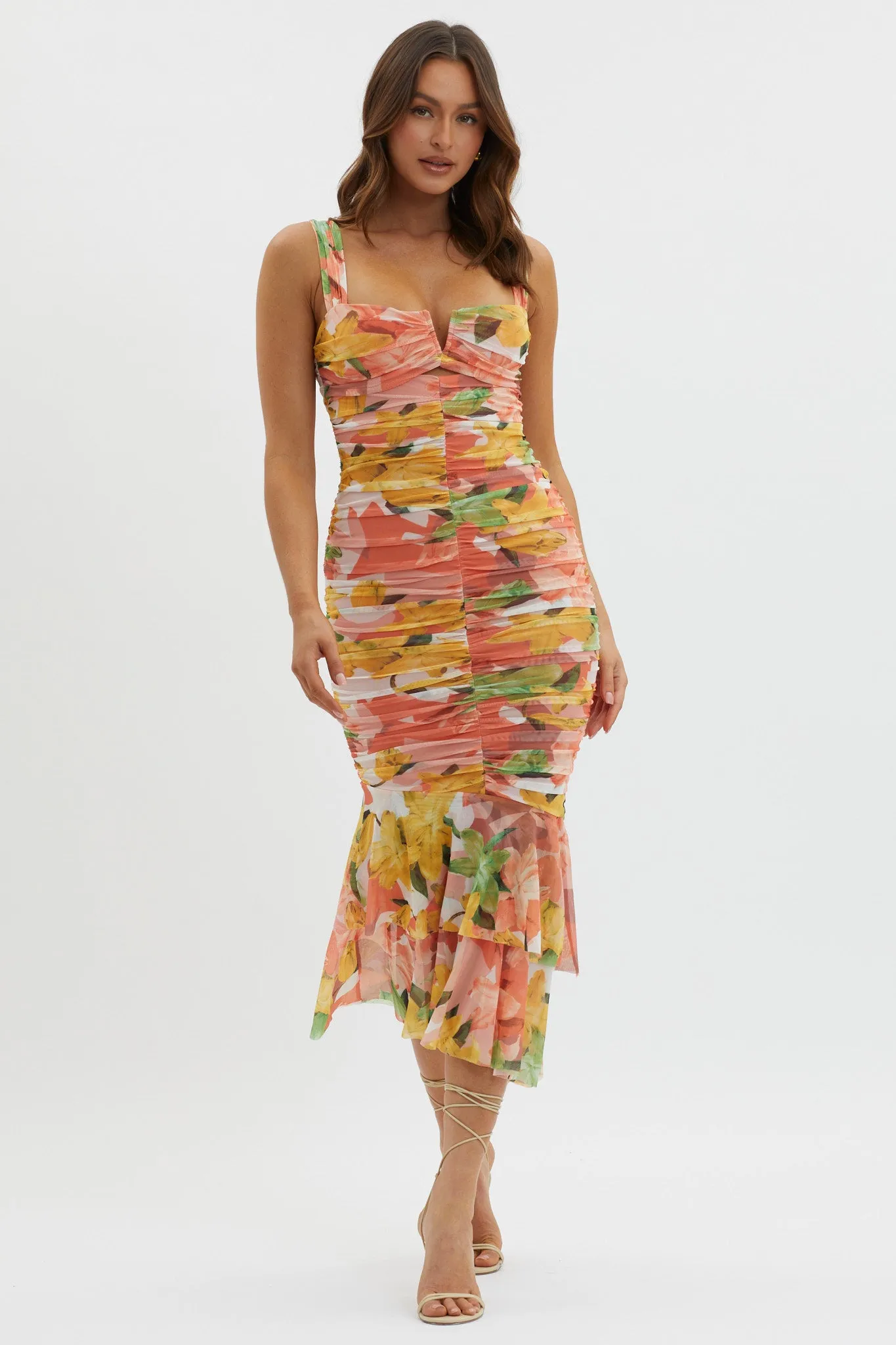 Nadia Ruched Fishtail Midi Dress Floral Orange sold by Selfie Leslie product image thumbnail 5