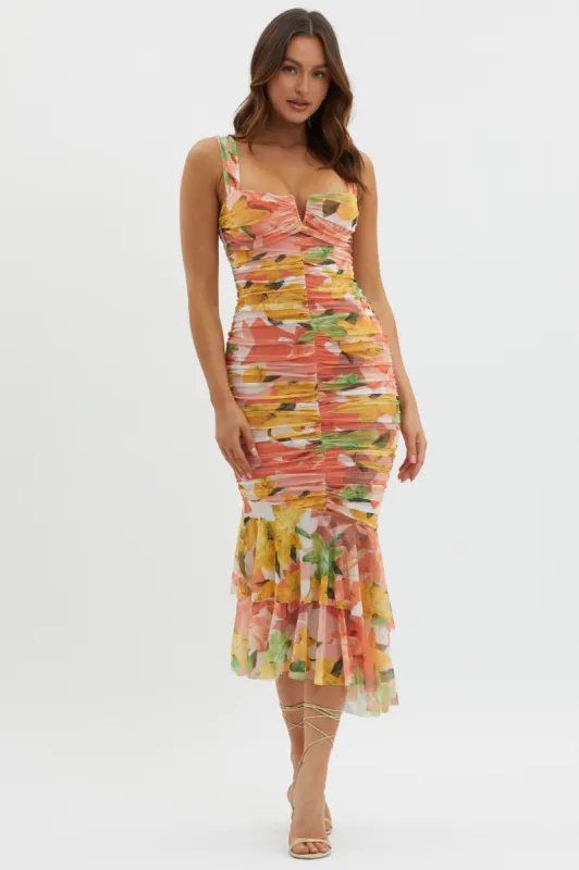 Nadia Ruched Fishtail Midi Dress Floral Orange sold by Selfie Leslie