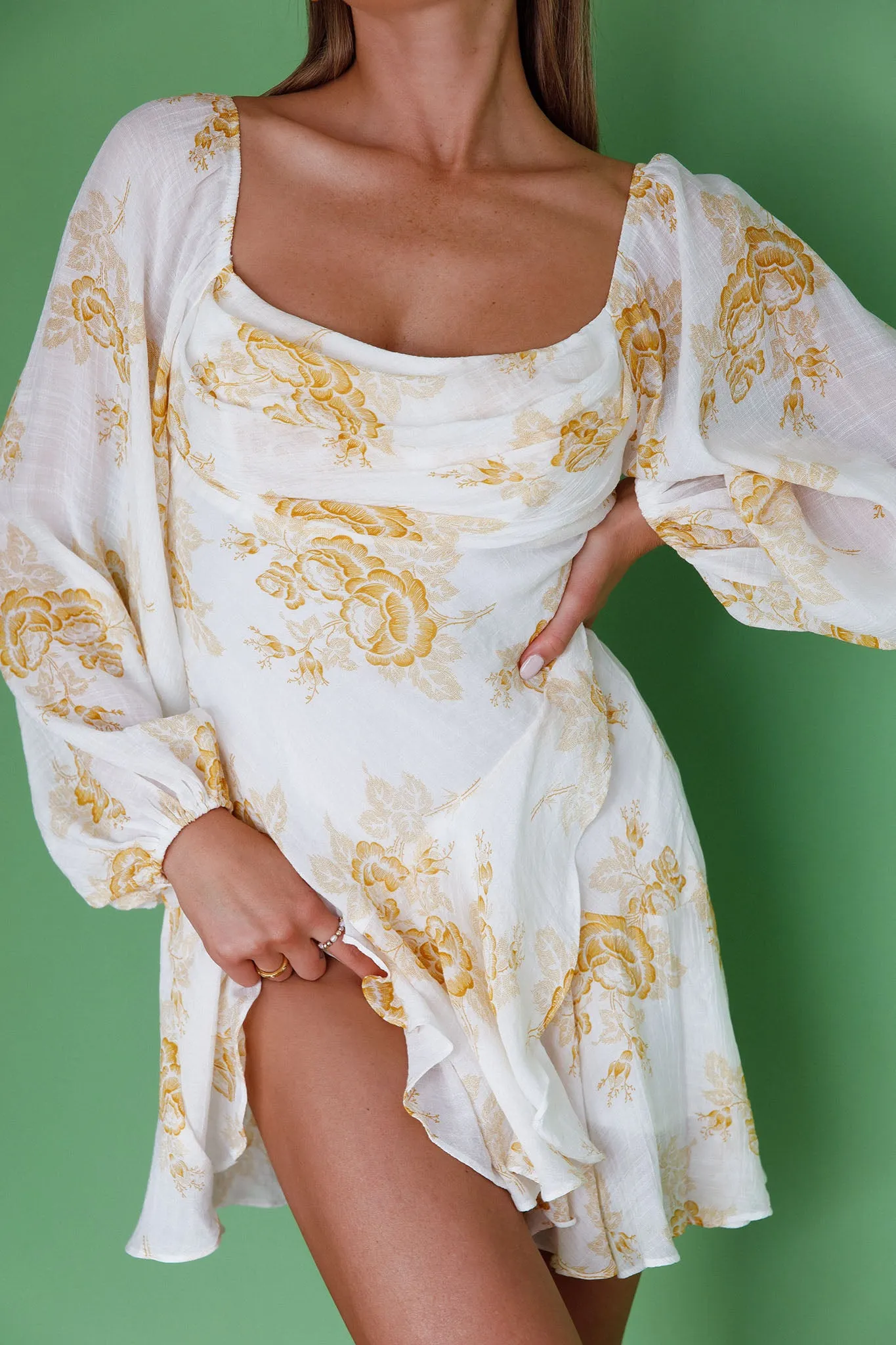 Beaujolais Long Sleeve Cowl Neckline Ruffle Mini Dress Floral Yellow sold by Selfie Leslie product image thumbnail 4