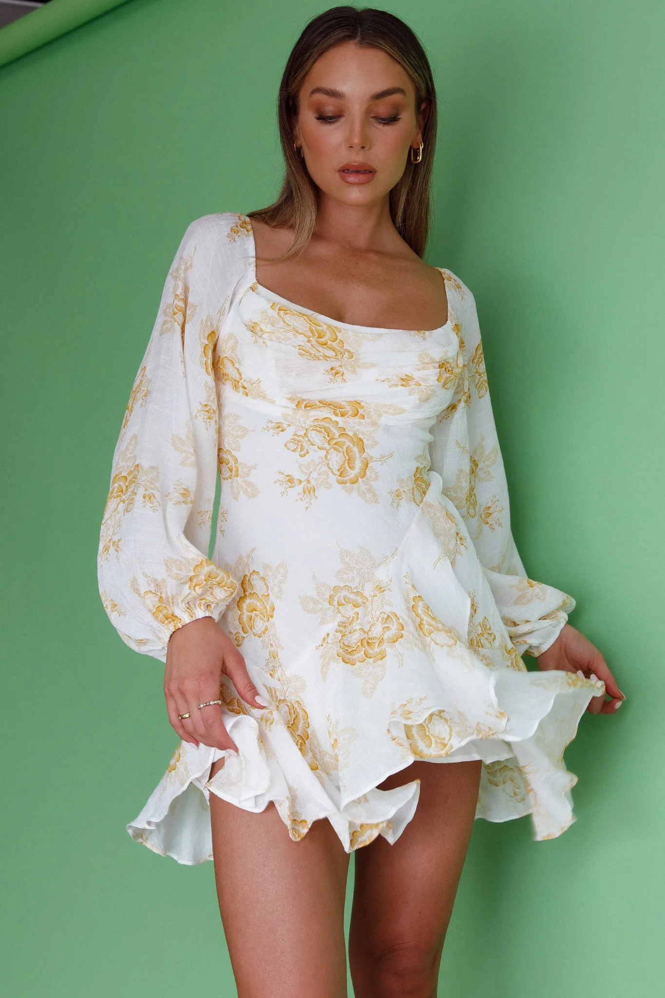 Beaujolais Long Sleeve Cowl Neckline Ruffle Mini Dress Floral Yellow sold by Selfie Leslie