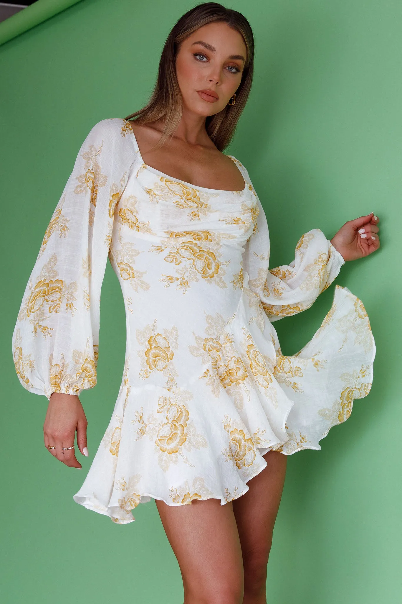 Beaujolais Long Sleeve Cowl Neckline Ruffle Mini Dress Floral Yellow sold by Selfie Leslie product image thumbnail 5