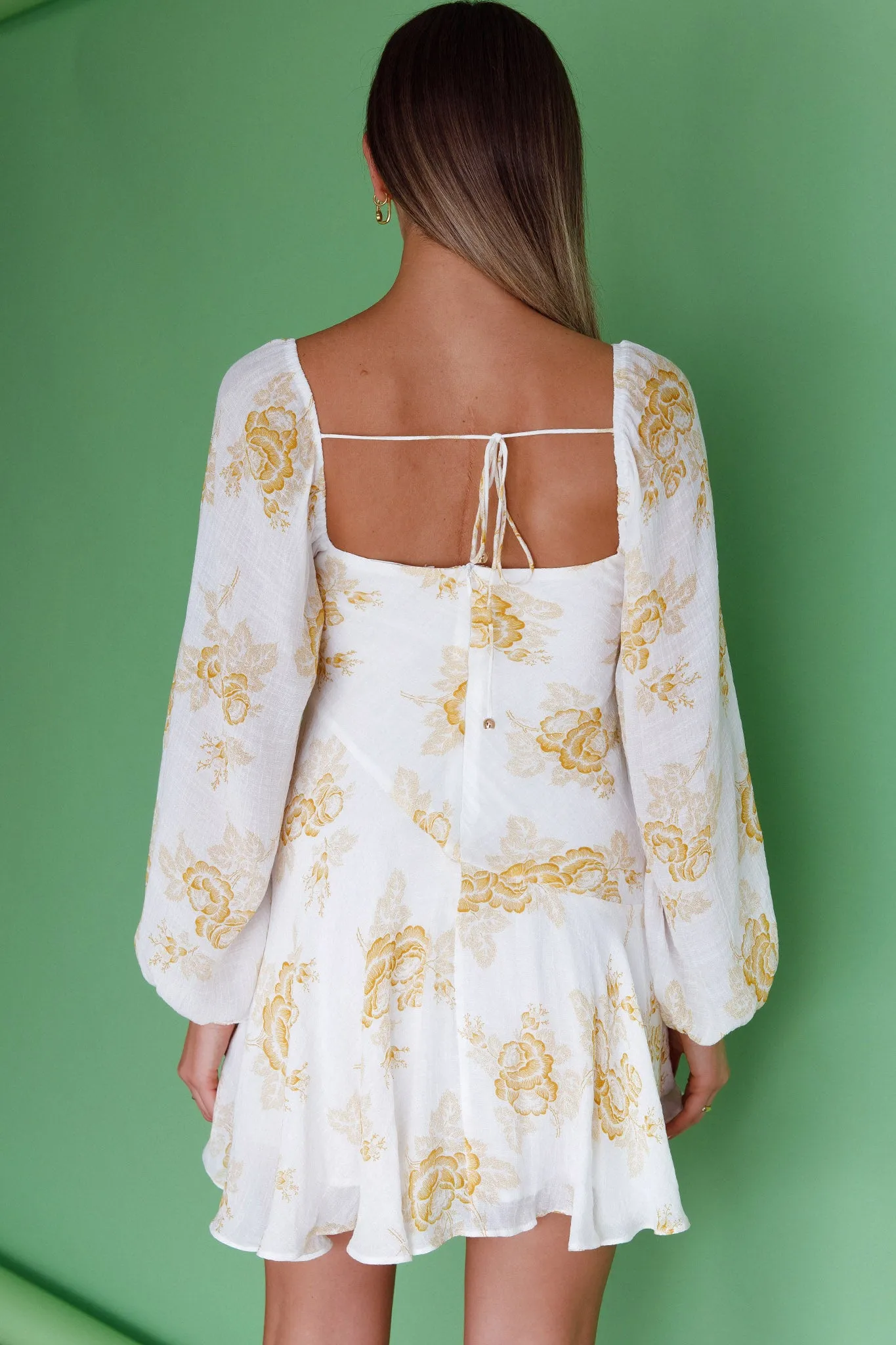 Beaujolais Long Sleeve Cowl Neckline Ruffle Mini Dress Floral Yellow sold by Selfie Leslie product image thumbnail 2