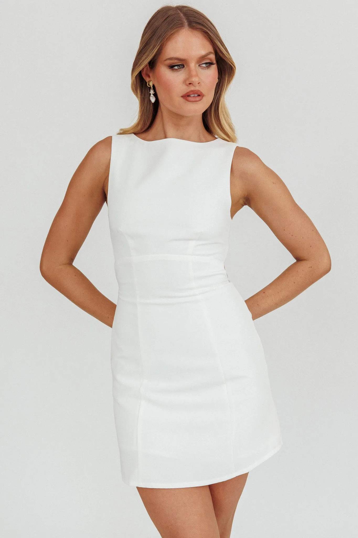 Shannon Boat Neck Sleeveless Mini Dress White sold by Selfie Leslie
