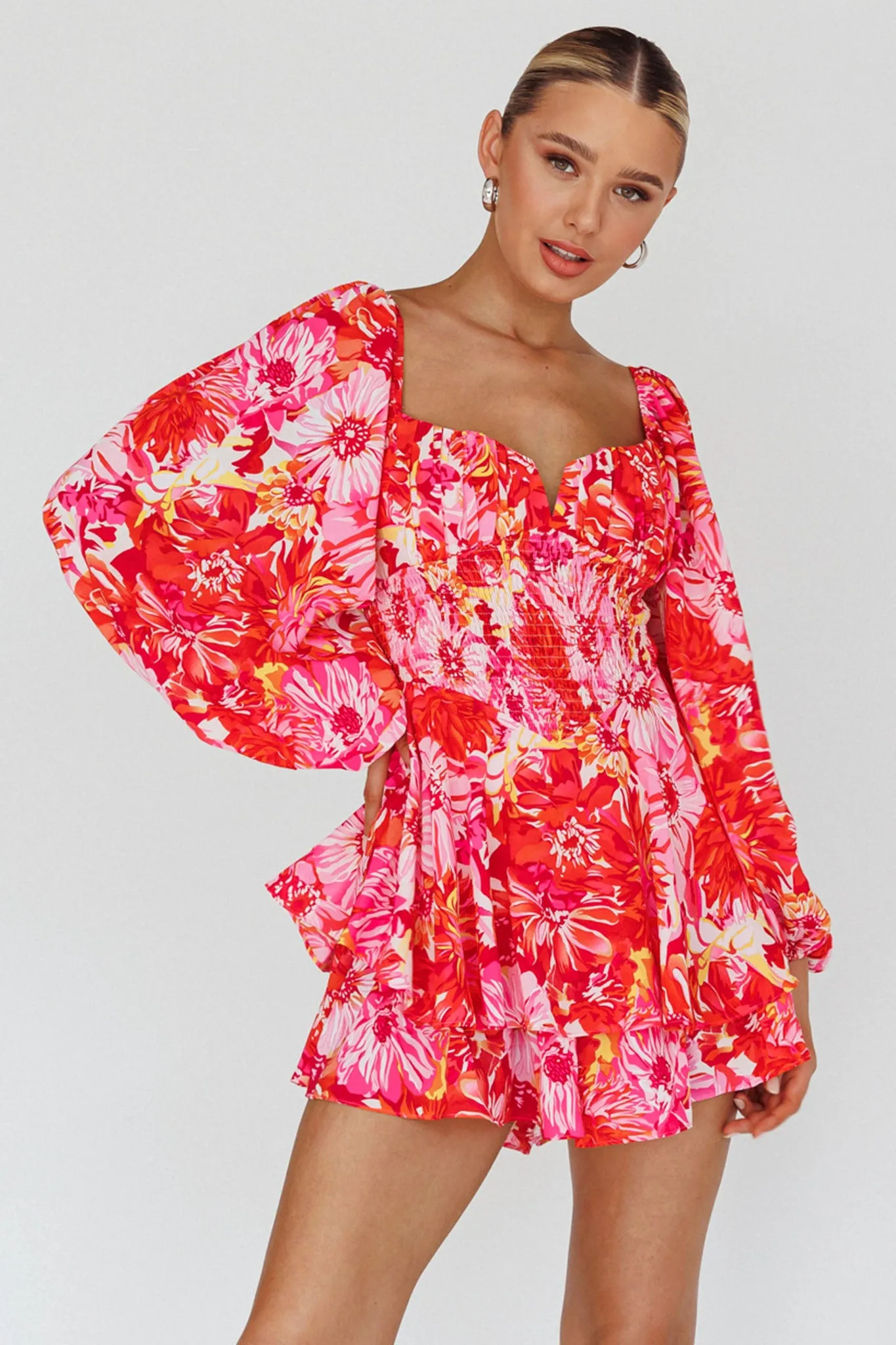 Evanice Shirred Waist Romper Floral Red sold by Selfie Leslie product image thumbnail 5
