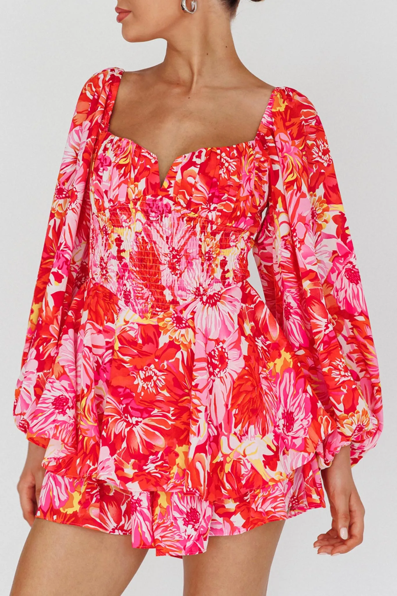 Evanice Shirred Waist Romper Floral Red sold by Selfie Leslie product image thumbnail 4