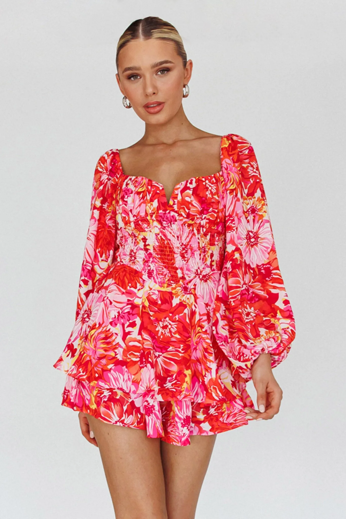 Evanice Shirred Waist Romper Floral Red sold by Selfie Leslie