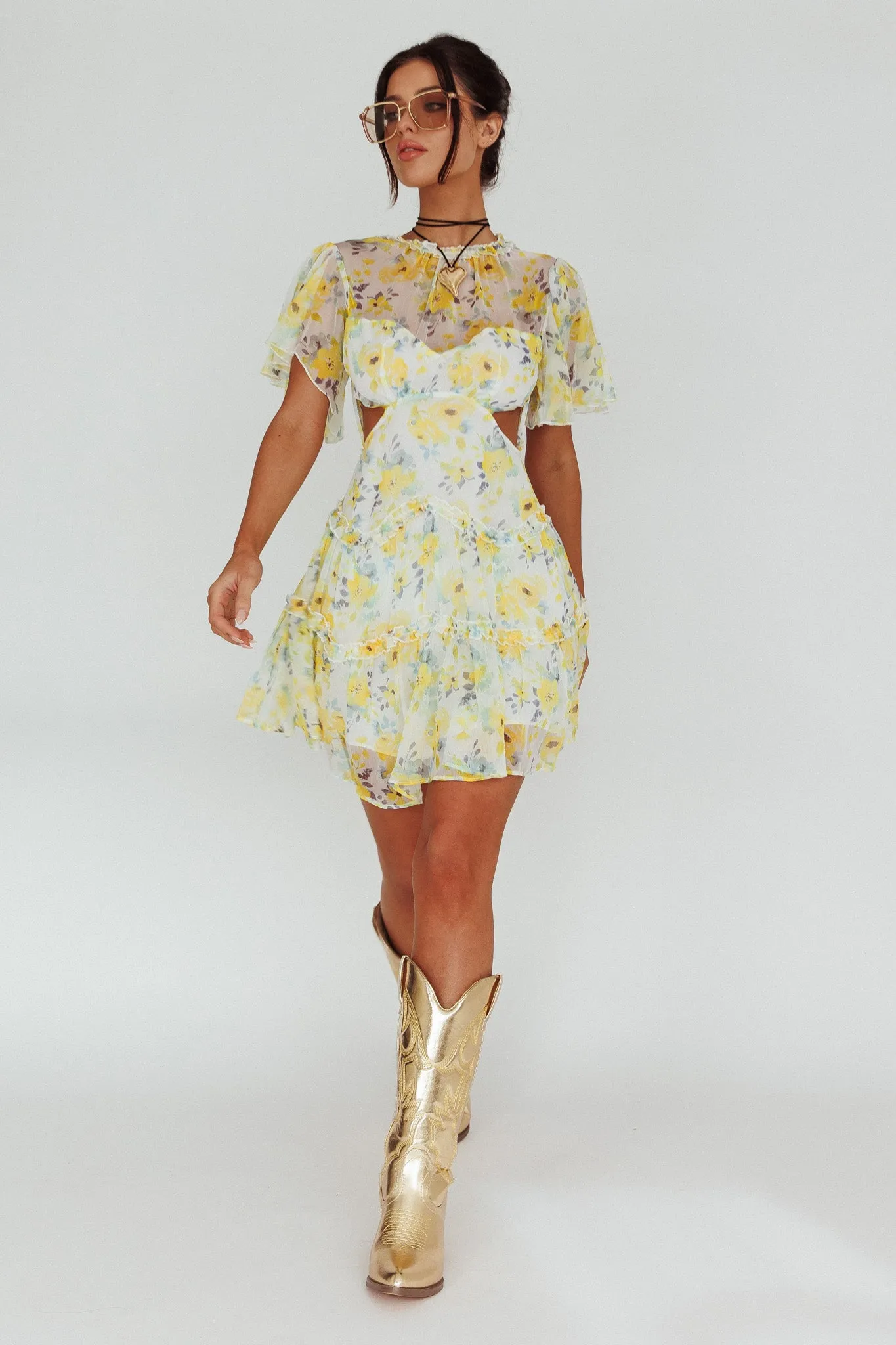 Tres Chic Flutter Sleeve Cut-Out Dress Floral Yellow sold by Selfie Leslie product image thumbnail 3