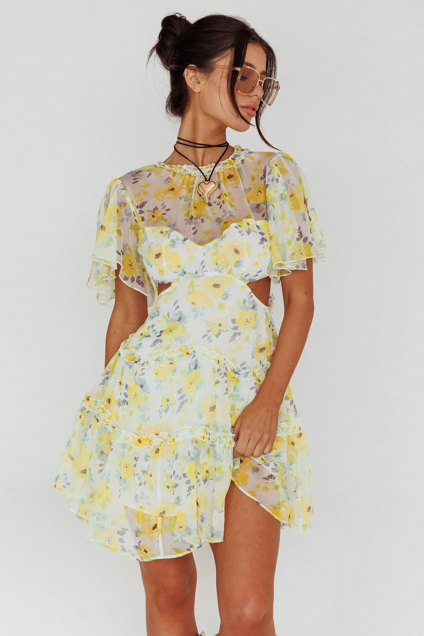 Tres Chic Flutter Sleeve Cut-Out Dress Floral Yellow sold by Selfie Leslie