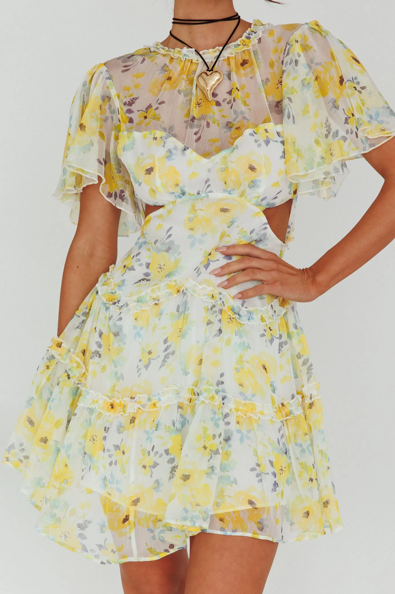 Tres Chic Flutter Sleeve Cut-Out Dress Floral Yellow sold by Selfie Leslie product image thumbnail 4