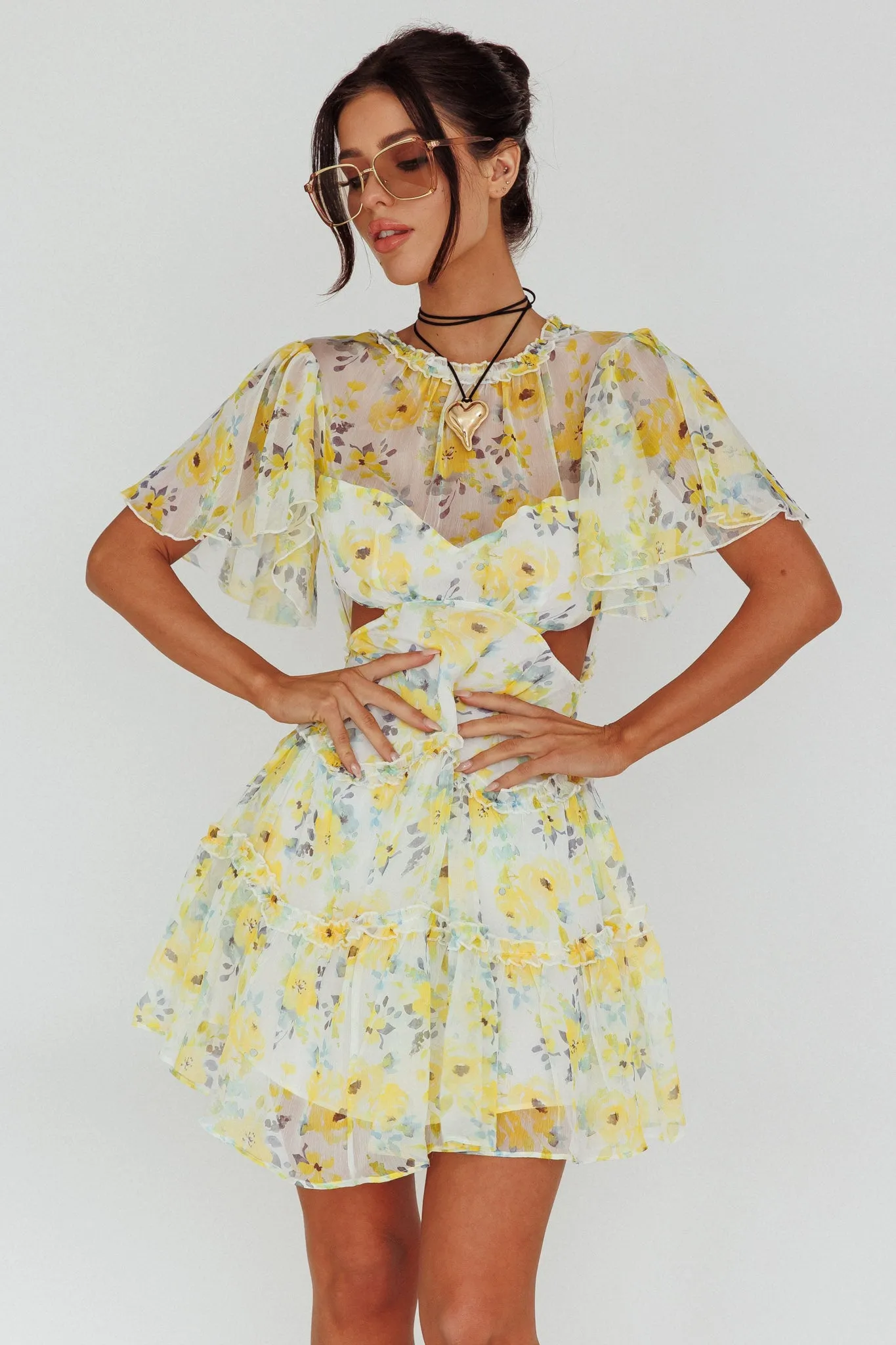 Tres Chic Flutter Sleeve Cut-Out Dress Floral Yellow sold by Selfie Leslie product image thumbnail 5