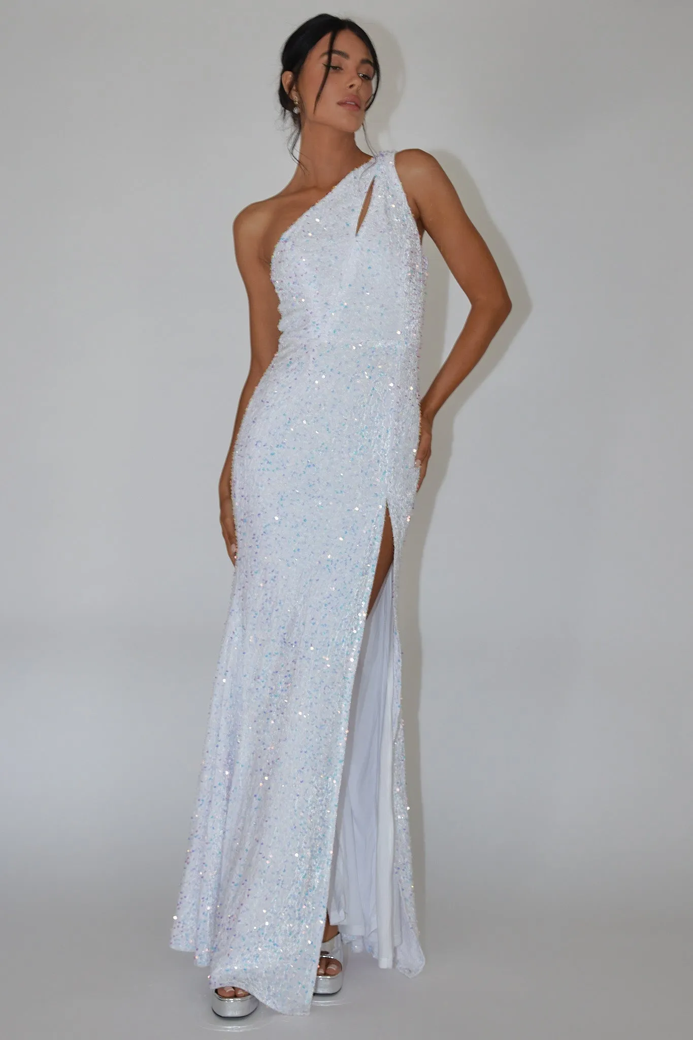 Ambrely One-Shoulder Sequin Maxi Dress White sold by Selfie Leslie