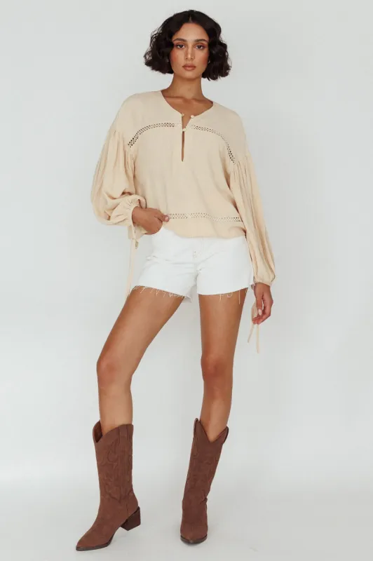 Waltz Long Sleeve Embroidery Trim Top Wheat sold by Selfie Leslie