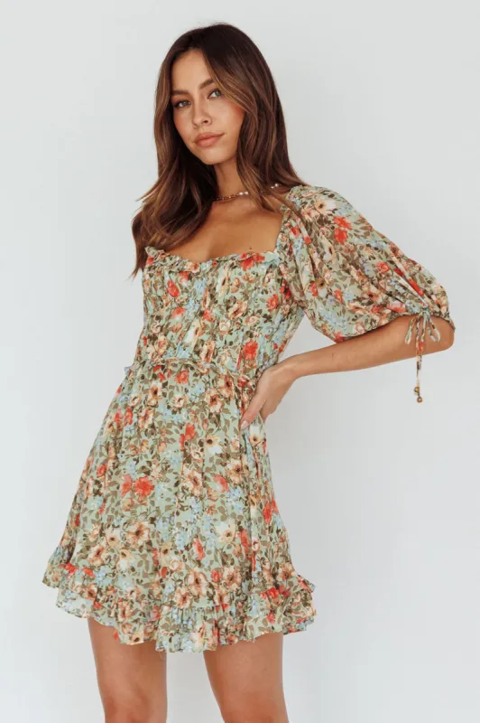Kirra Puff Sleeve Ruched Bodice Dress Floral Green sold by Selfie Leslie