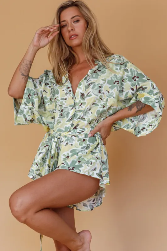 Daytona Beach Button-Up Romper Floral Olive sold by Selfie Leslie