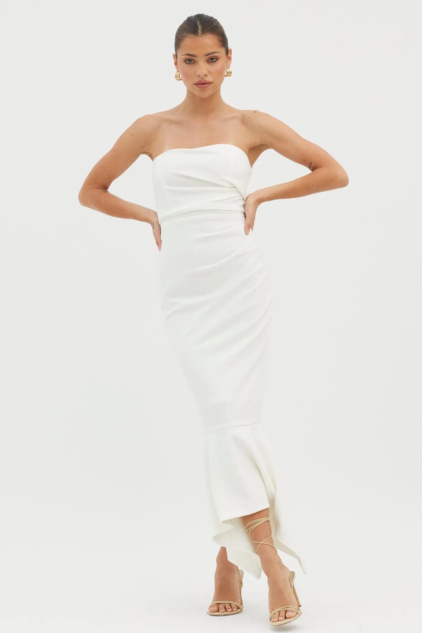 Sharona Strapless Gathered Midi Dress White sold by Selfie Leslie