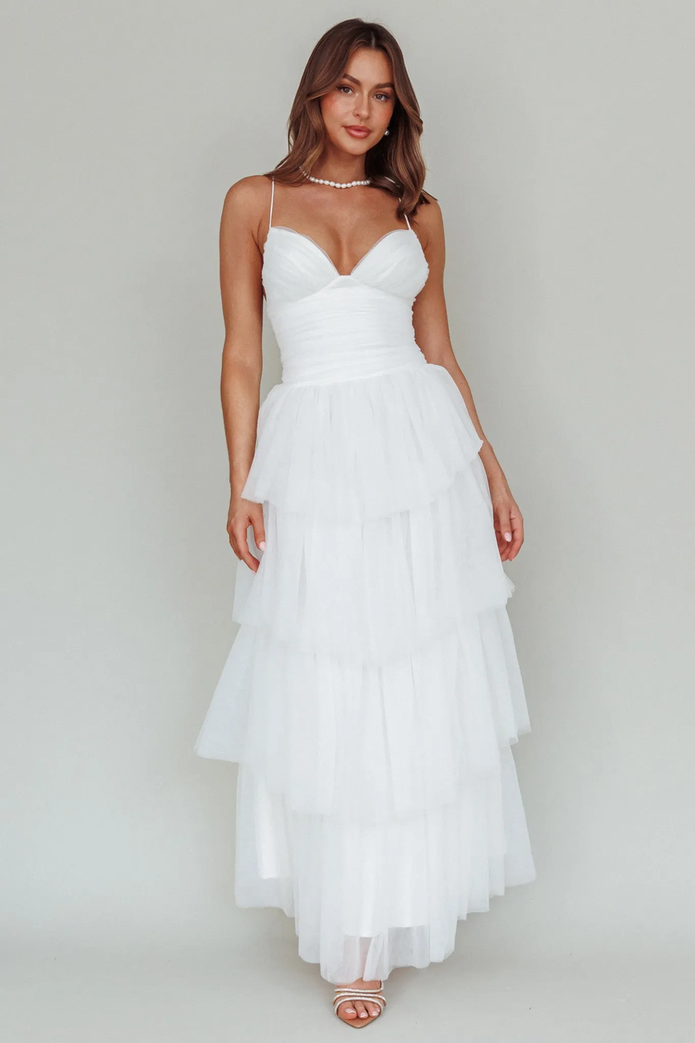 Nightingale Tiered Mesh Maxi Dress White sold by Selfie Leslie