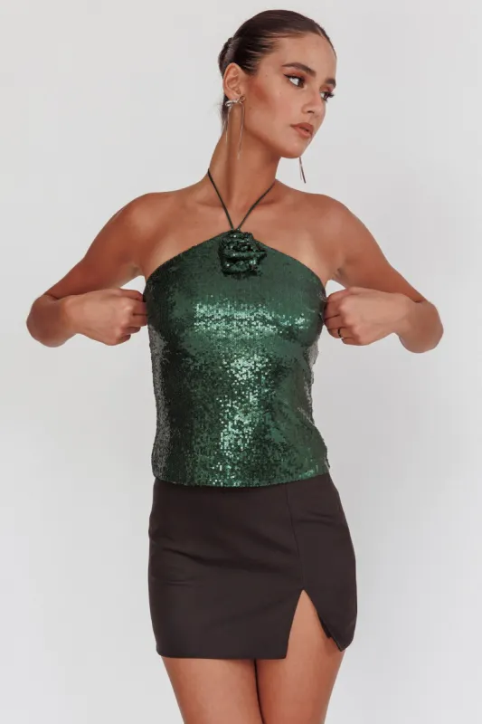Darcy Sequin Halter Top Hunter Green sold by Selfie Leslie