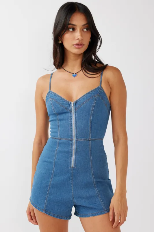Lyric Cami Strap Zipper Front Romper Dark Blue sold by Selfie Leslie